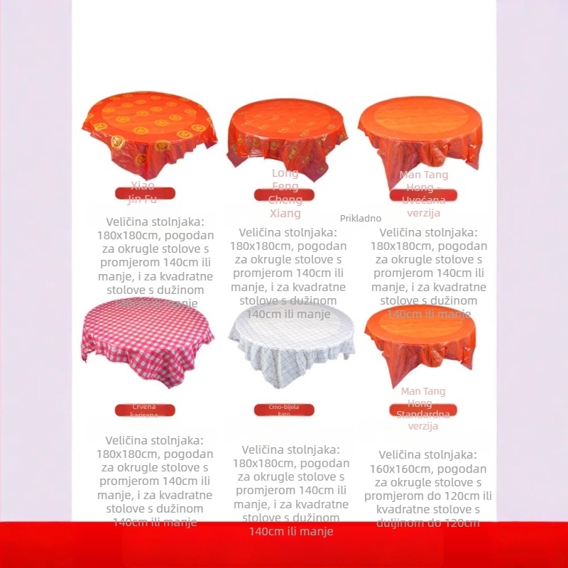 Jednokratni stolnjak za vjenčanje, kružni, plastični, uzorak Fu znakova i sretnih likova, First Green