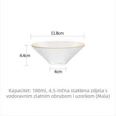 Japanski stil staklenih zdjela i tanjura sa zlatnim rubom i horizontalnim prugama – set za voćne salate; proziran, moderan pribor za stol