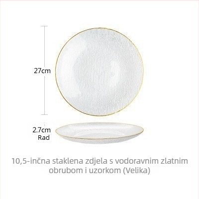 Japanski stil staklenih zdjela i tanjura sa zlatnim rubom i horizontalnim prugama – set za voćne salate; proziran, moderan pribor za stol
