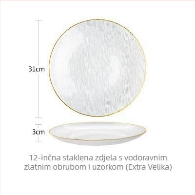 Japanski stil staklenih zdjela i tanjura sa zlatnim rubom i horizontalnim prugama – set za voćne salate; proziran, moderan pribor za stol
