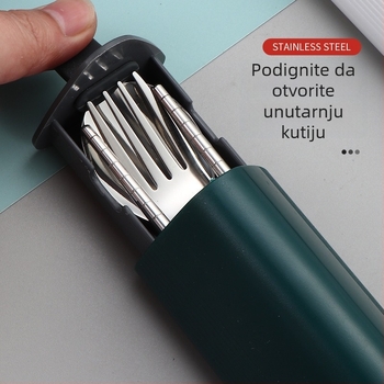 Prijenosni set posuđa od 304 nehrđajućeg čelika s izvučnom kutijom — žlica, vilica i štapići, završni polirani