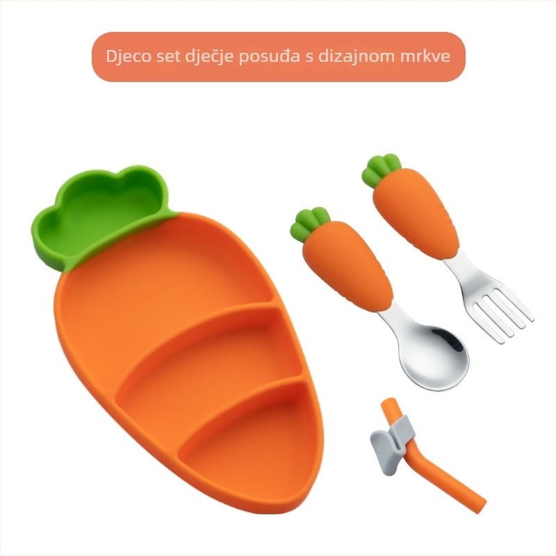 Dječji set posuđa od 304 nerđajućeg čelika sa silikonskim tanjurićem u obliku mrkve, trodjelni set za bebe od 6 mjeseci