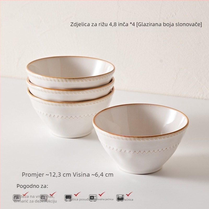 Porcelanski set za jelo u francuskom stilu — zdjele i tanjuri, jednobojni dizajn, pod-glazurni završni sloj, premium kvaliteta, 5-dijelni set