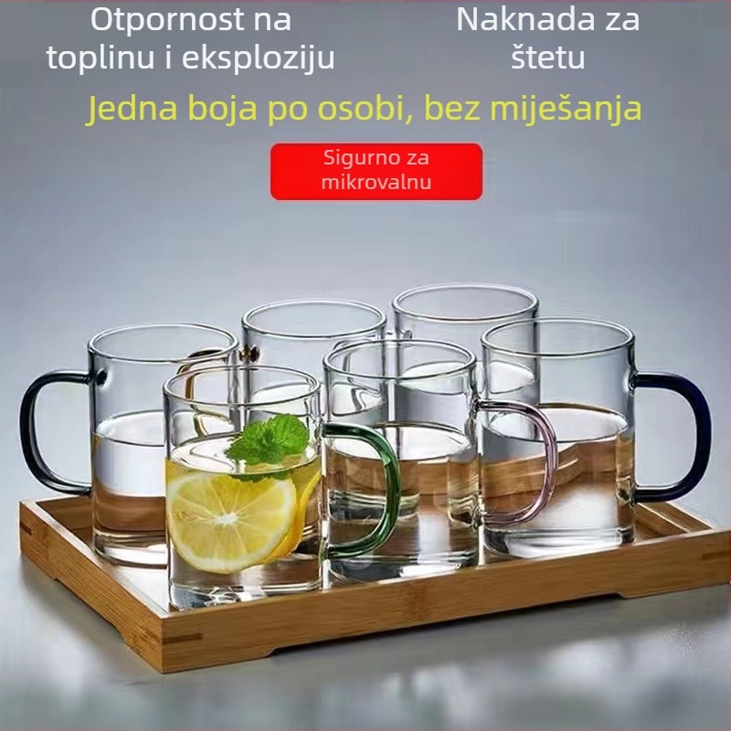 Set staklenih čaša s drškama, otporno na visoke temperature, jednoslojni sloj, otisnut logotip, pogodno za mlijeko