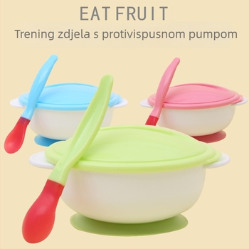 Protizklizna zdjela za bebe s dvostrukim ušima, poklopcem i žličicom koja mijenja boju — zdjela za vježbanje, PP materijal, za bebe od 6 mjeseci