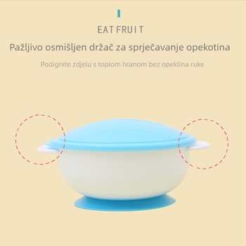 Protizklizna zdjela za bebe s dvostrukim ušima, poklopcem i žličicom koja mijenja boju — zdjela za vježbanje, PP materijal, za bebe od 6 mjeseci