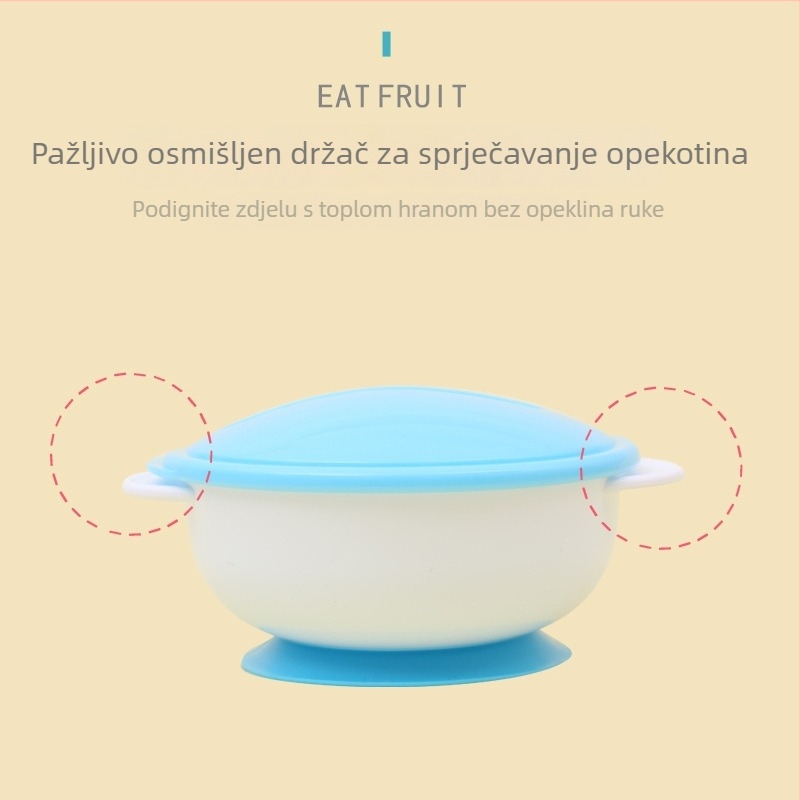 Protizklizna zdjela za bebe s dvostrukim ušima, poklopcem i žličicom koja mijenja boju — zdjela za vježbanje, PP materijal, za bebe od 6 mjeseci