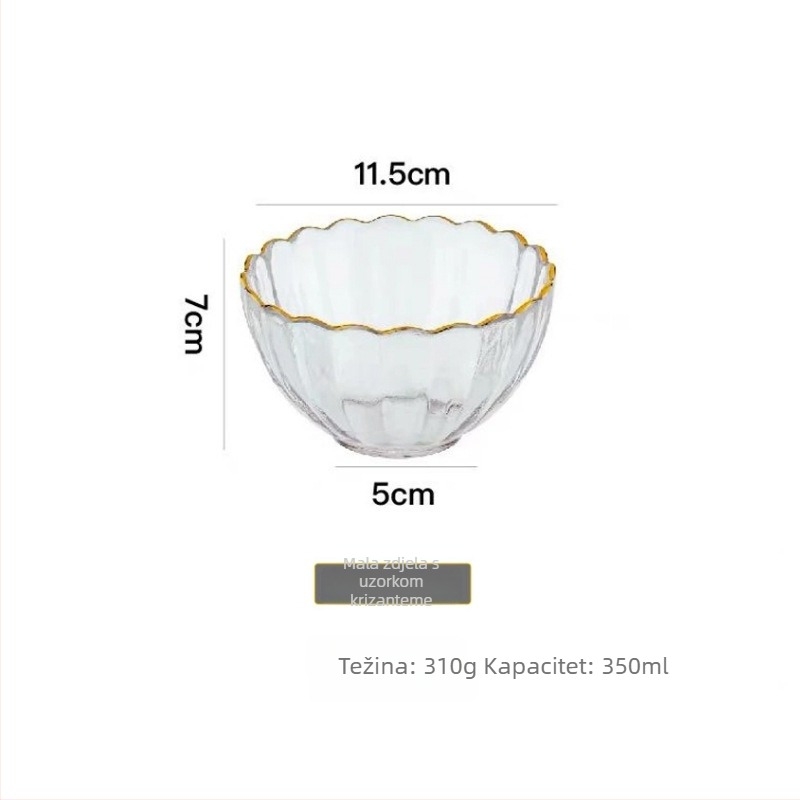 Stakleni set tanjuri i zdjela s oblikom latica cvijeta i prugastim uzorkom, uključuje pladanj za voće i desertni tanjur, staklo otporno na toplinu