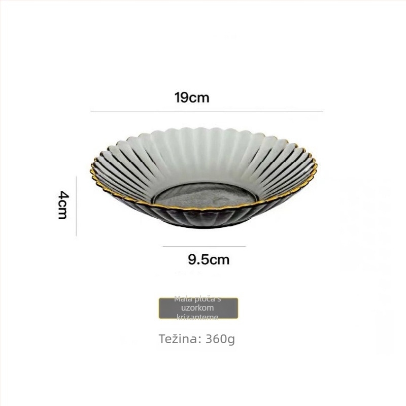 Stakleni set tanjuri i zdjela s oblikom latica cvijeta i prugastim uzorkom, uključuje pladanj za voće i desertni tanjur, staklo otporno na toplinu