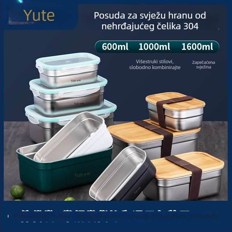 Yute Yute 304 nehrđajući čelik pravokutna kutija s poklopcem od bambusa, korejski stil Kimchi box, prehrambena kutija za ručak