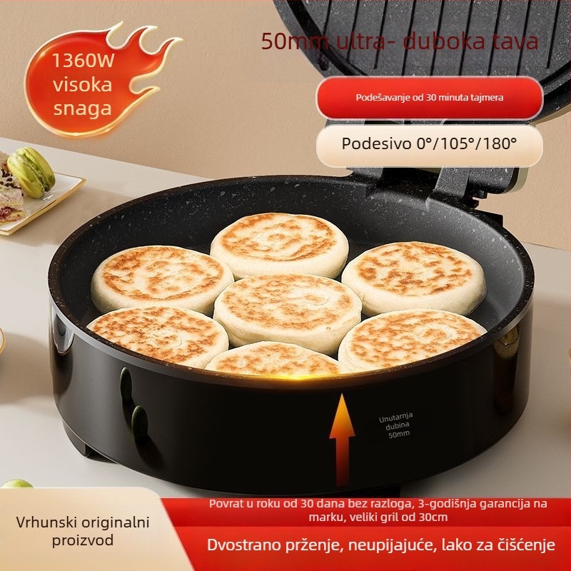 Električna tiganj za palačinke crepe stroj, jednostrano grijanje, dubina posude ≥35 mm, snaga 1200–1500 W, upravljanje gumbom