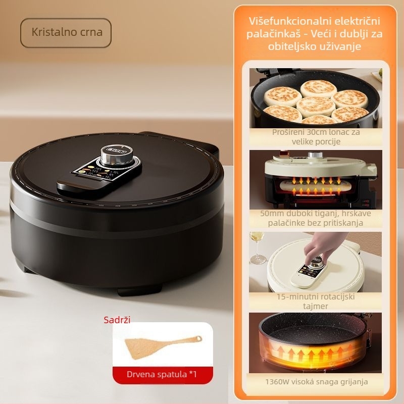 Električna tiganj za palačinke crepe stroj, jednostrano grijanje, dubina posude ≥35 mm, snaga 1200–1500 W, upravljanje gumbom