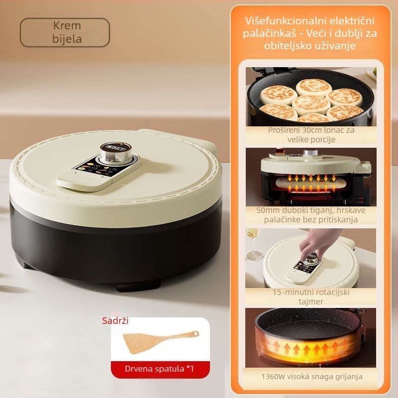 Električna tiganj za palačinke crepe stroj, jednostrano grijanje, dubina posude ≥35 mm, snaga 1200–1500 W, upravljanje gumbom