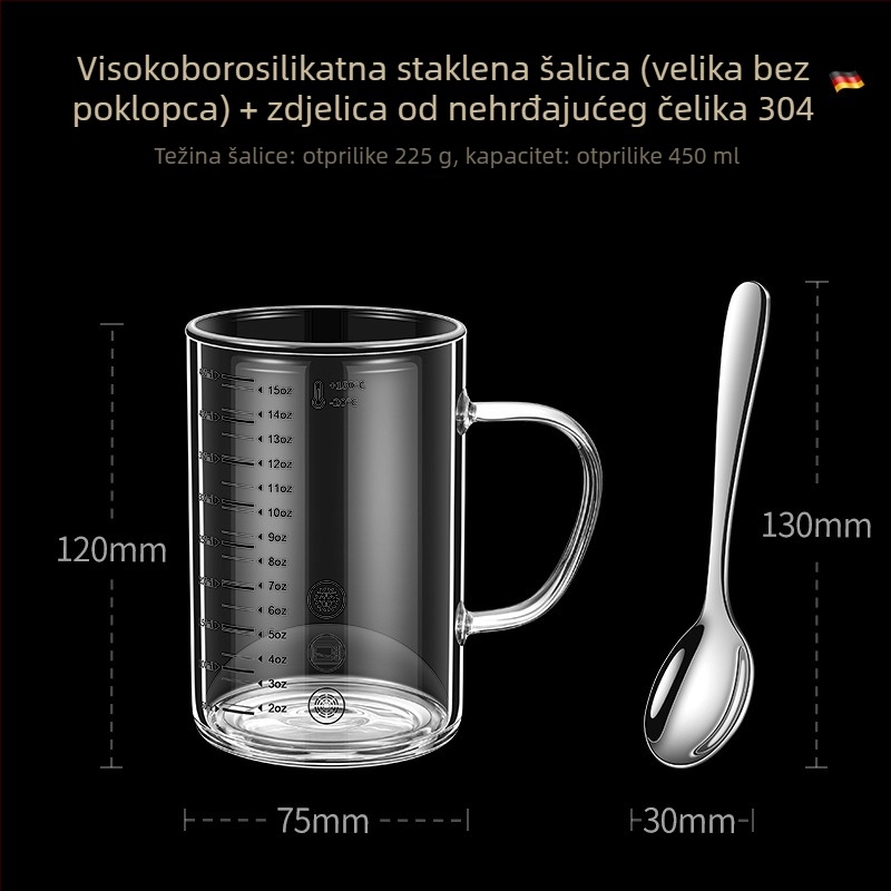 Staklena mjerna čašica sa skalom, otporna na toplinu i pogodna za mikrovalnu, s poklopcem