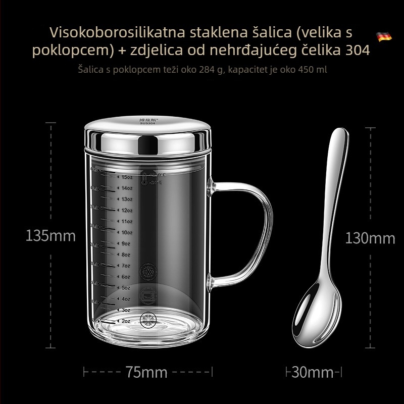 Staklena mjerna čašica sa skalom, otporna na toplinu i pogodna za mikrovalnu, s poklopcem
