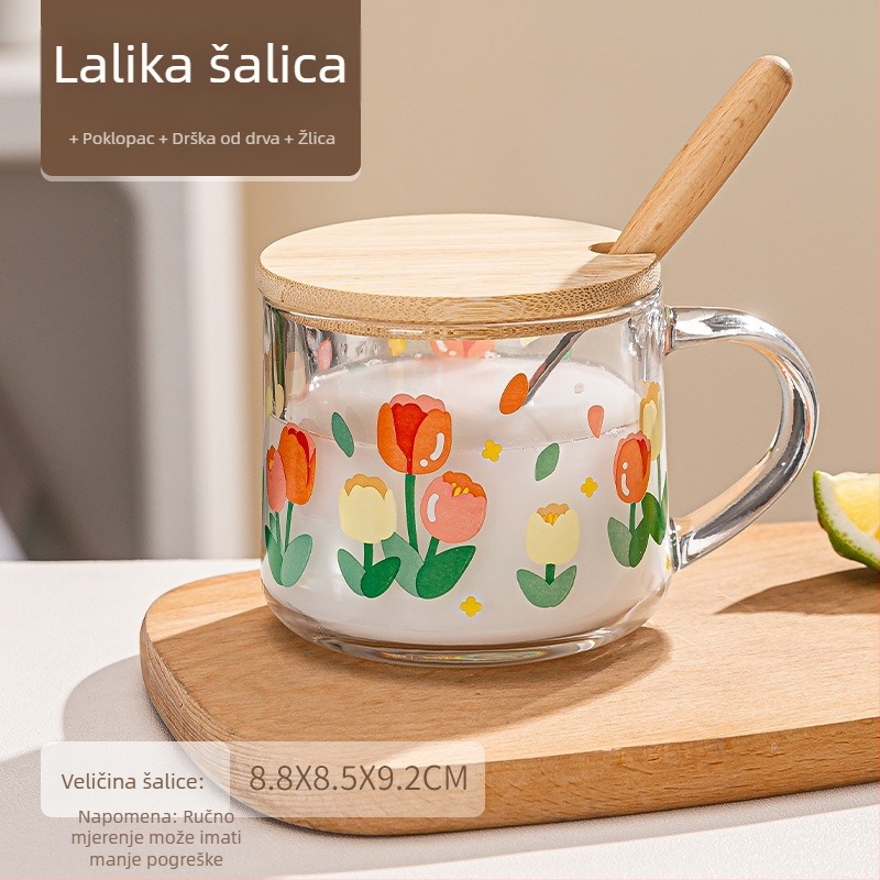 Staklena šalica za doručak s poklopcem i žlicom, elegantna s držkom, cvjetni uzorak, okrugli oblik, staklo soda-lime