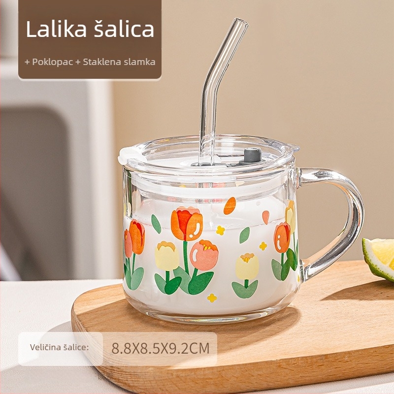 Staklena šalica za doručak s poklopcem i žlicom, elegantna s držkom, cvjetni uzorak, okrugli oblik, staklo soda-lime