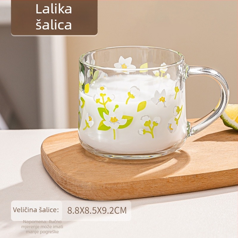 Staklena šalica za doručak s poklopcem i žlicom, elegantna s držkom, cvjetni uzorak, okrugli oblik, staklo soda-lime