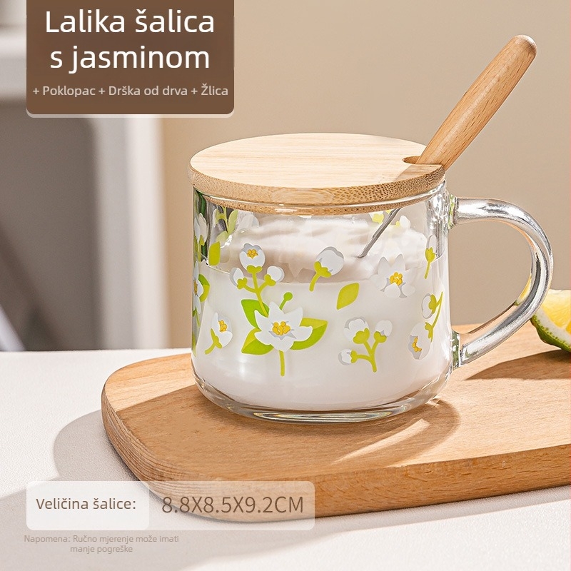 Staklena šalica za doručak s poklopcem i žlicom, elegantna s držkom, cvjetni uzorak, okrugli oblik, staklo soda-lime
