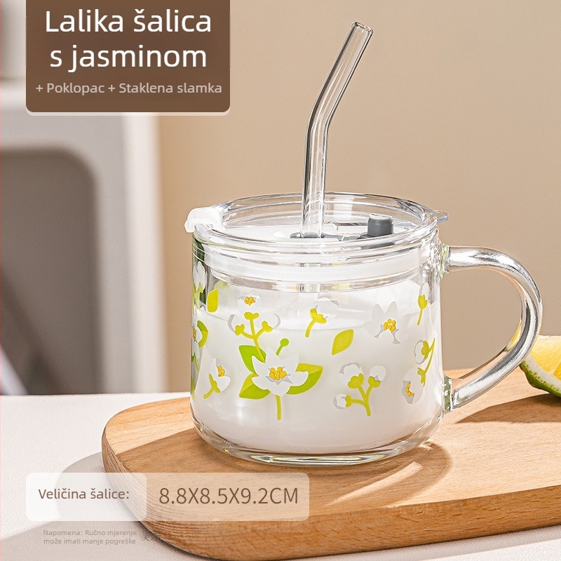 Staklena šalica za doručak s poklopcem i žlicom, elegantna s držkom, cvjetni uzorak, okrugli oblik, staklo soda-lime