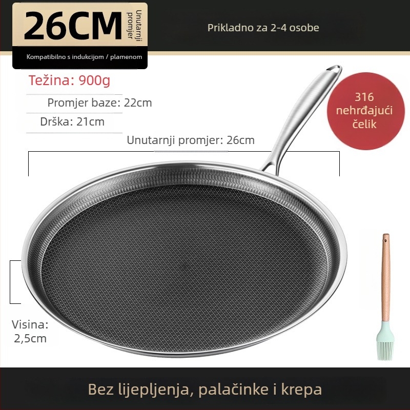 Tava za prženje, 316 ne-magnetno nerđajući čelik, neprijanjajući, višeslojno dno, dubina 2 cm, težina 1 kg