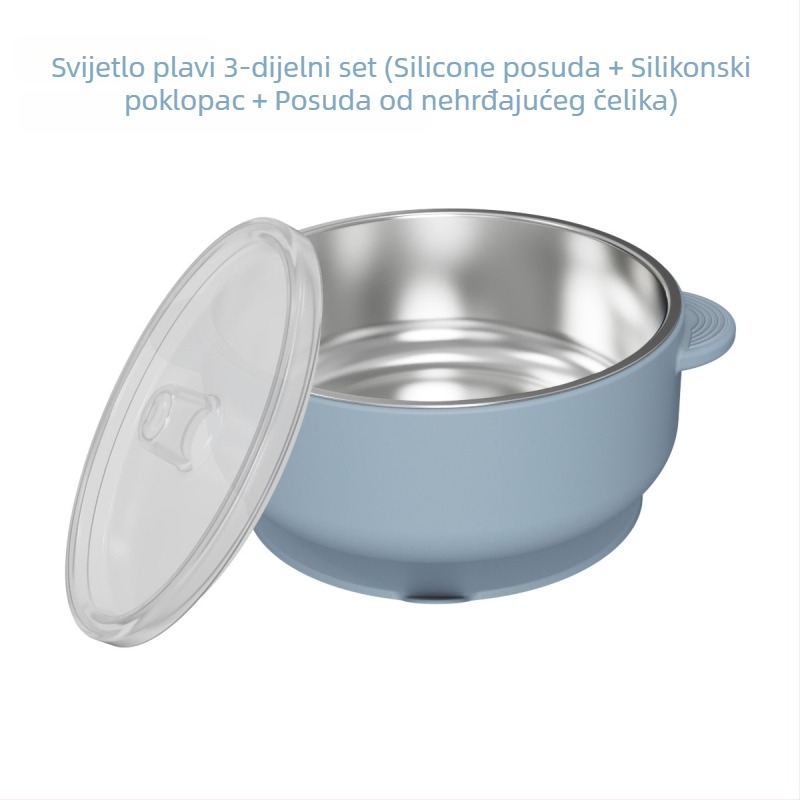 Set dječjeg pribora za hranjenje: silikon vilica i žlica, zdjela od nehrđajućeg čelika s prianjanjem, 5 dijelova, prehrambeni silikon, od 6 mjeseci