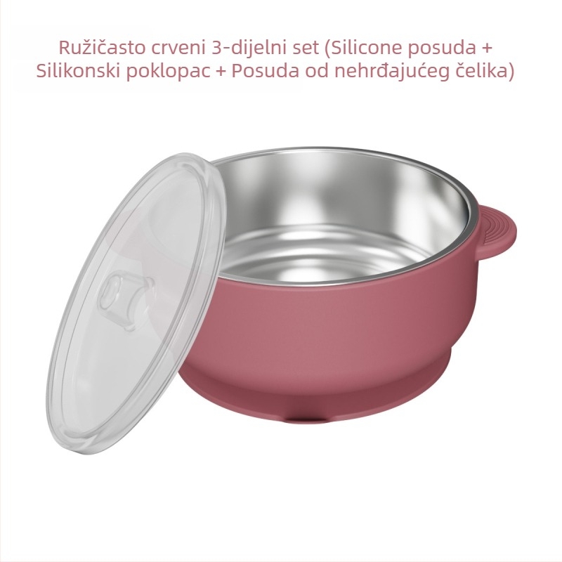 Set dječjeg pribora za hranjenje: silikon vilica i žlica, zdjela od nehrđajućeg čelika s prianjanjem, 5 dijelova, prehrambeni silikon, od 6 mjeseci