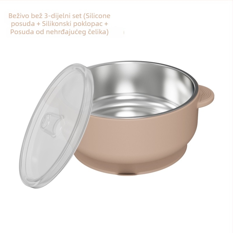 Set dječjeg pribora za hranjenje: silikon vilica i žlica, zdjela od nehrđajućeg čelika s prianjanjem, 5 dijelova, prehrambeni silikon, od 6 mjeseci