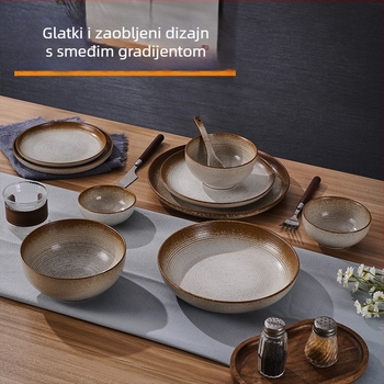 Set keramičkog posuđa s glazurom iz kiln-glazed, čvrst porculan, retro luksuzni stil, uzorak koji imitira opeklinu drveta, mikrovalna kompatibilnost, prilagodljivo