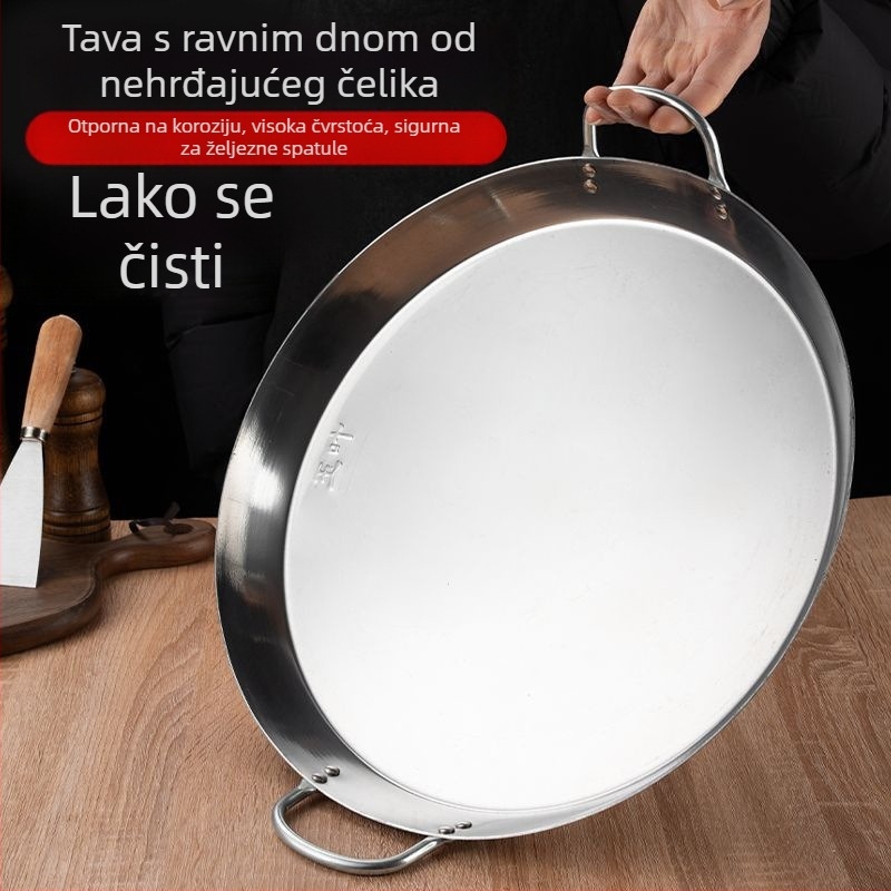 Tavica od nehrđajućeg čelika za palačinke, s ravnim dnom, dvostruke ručke, debelo dno, pogodna za indukcijske i plinske ploče