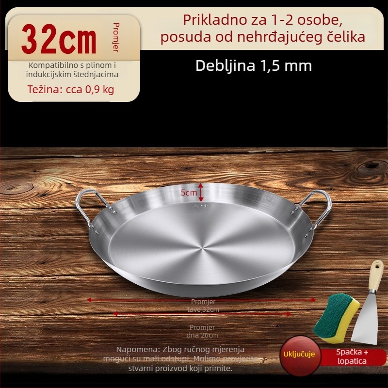 Tavica od nehrđajućeg čelika za palačinke, s ravnim dnom, dvostruke ručke, debelo dno, pogodna za indukcijske i plinske ploče