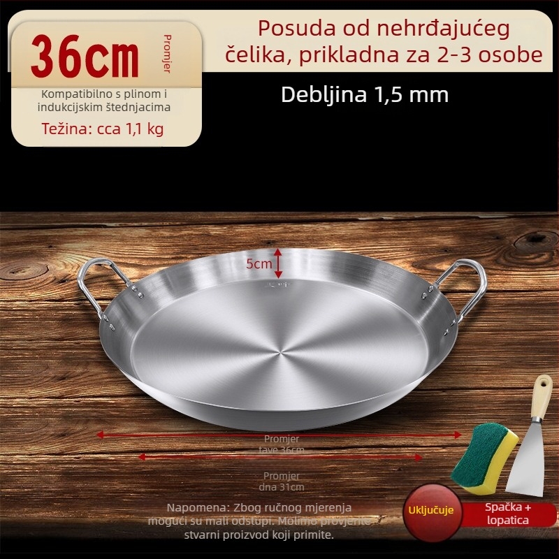 Tavica od nehrđajućeg čelika za palačinke, s ravnim dnom, dvostruke ručke, debelo dno, pogodna za indukcijske i plinske ploče
