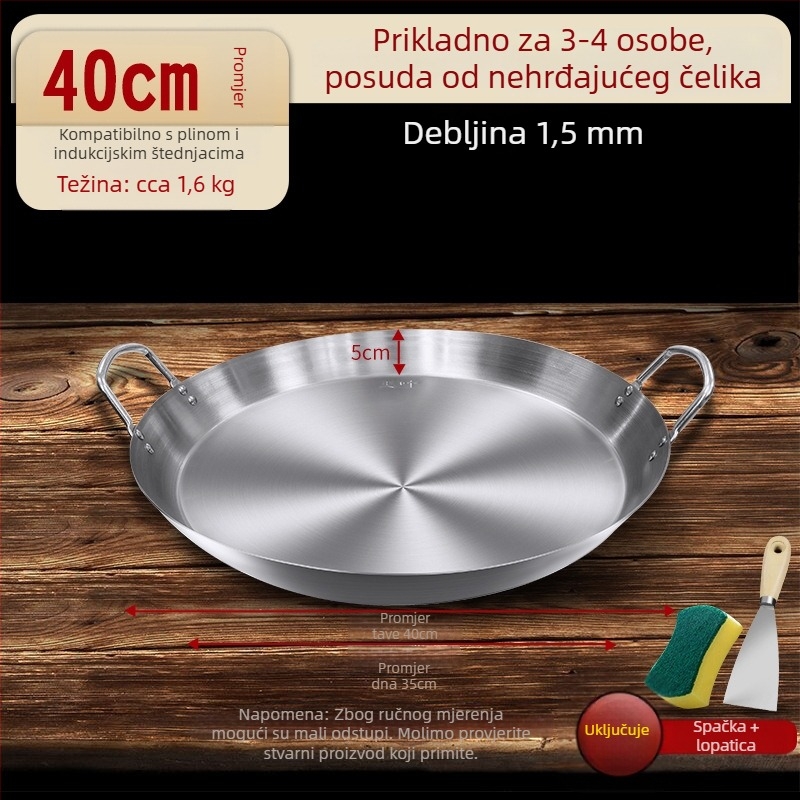 Tavica od nehrđajućeg čelika za palačinke, s ravnim dnom, dvostruke ručke, debelo dno, pogodna za indukcijske i plinske ploče