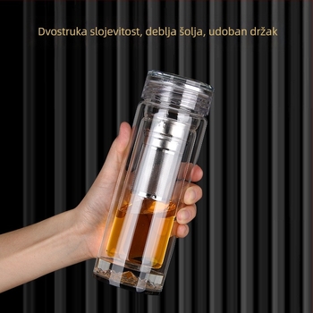 Dvostruko staklena prozirna šalica za čaj, termička otporna, mogućnost otiska logotipa, pogodna za automobil, okruglog oblika sa slamkom