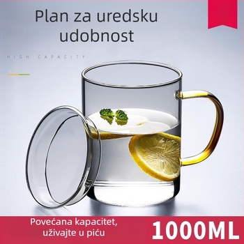Staklena šalica za čaj s drškom – otporna na visoke temperature, okruglog oblika, za jednu porciju, poklopac za izravno piće