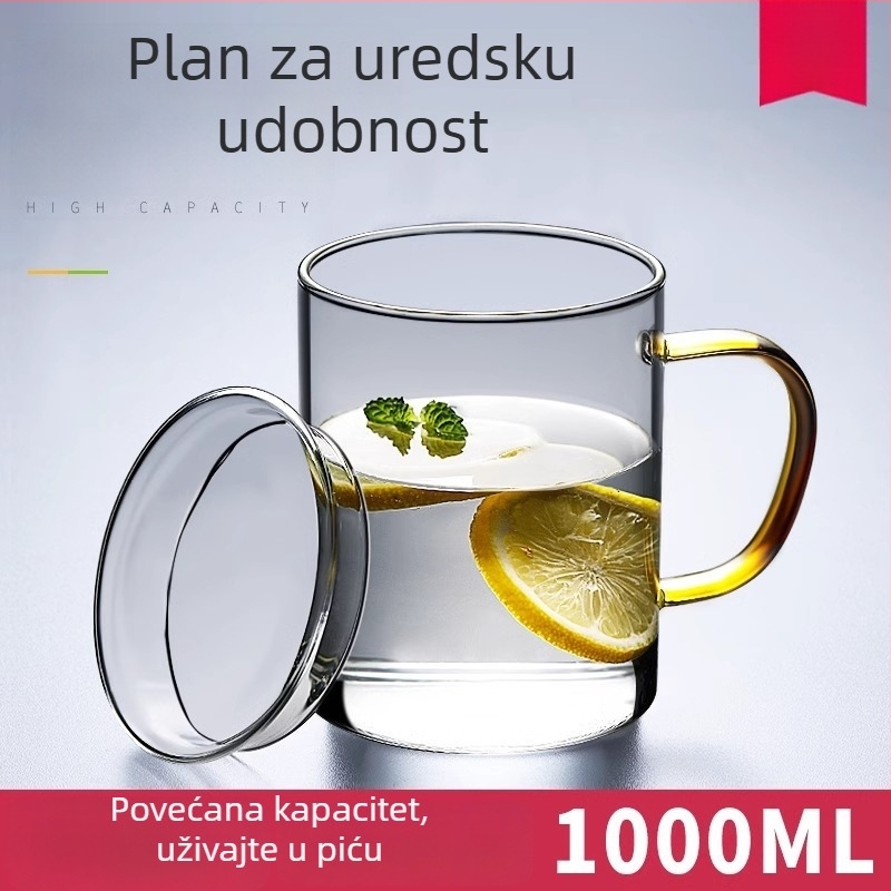 Staklena šalica za čaj s drškom – otporna na visoke temperature, okruglog oblika, za jednu porciju, poklopac za izravno piće