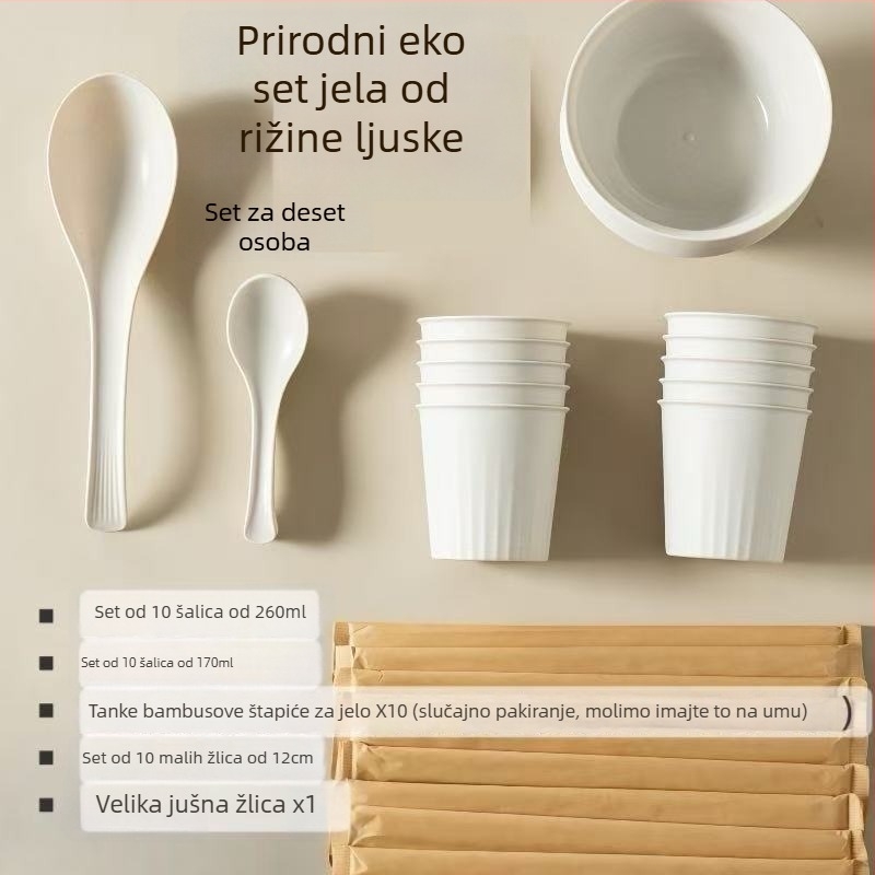 Set posuđa od rižine ljuske, jednokratna upotreba, biološki razgradivo, deblji i otporan, za okupljanja, kampiranje i restorane