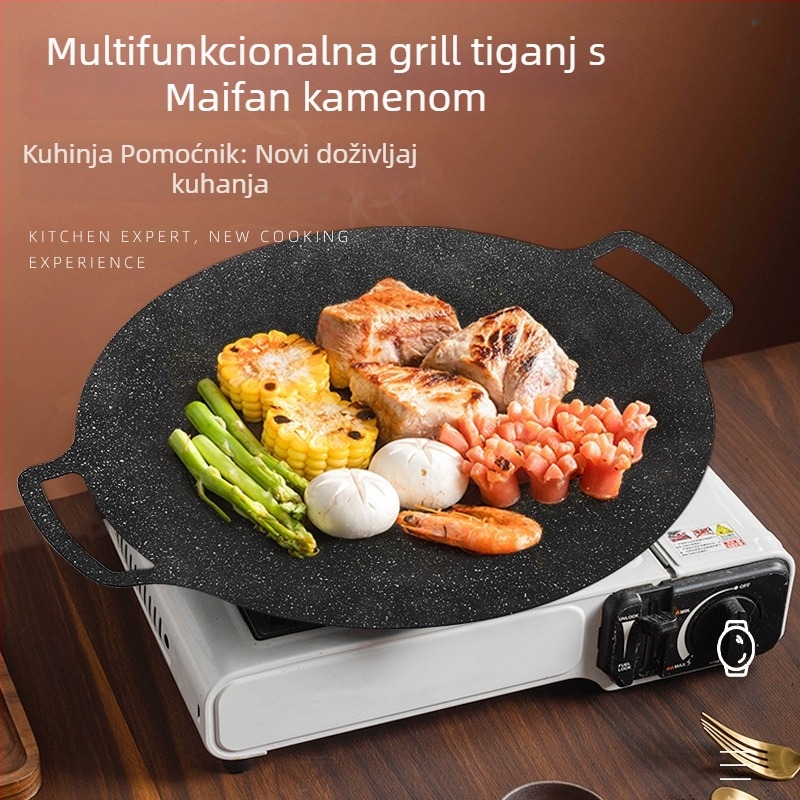 Koreanski teppanyaki grill tiganj – okrugli metalni, prijenosni (1–3 kg; višestruka uporaba; lako se čisti)