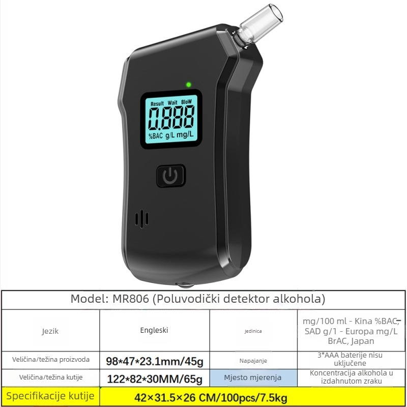 Prijenosni dah tester alkohola MR997, RCXAZ, raspon mjerenja 0,00–0,19% BAC, točnost ±0,01% BAC, vrijeme reakcije 5 s
