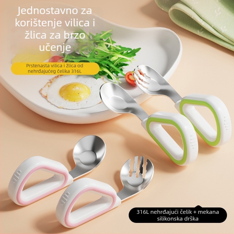 Dječji set vilica i žlica od silikona i nehrđajućeg čelika, jednostavan stil, svježe i slatko, za bebe starije od 3 mjeseca
