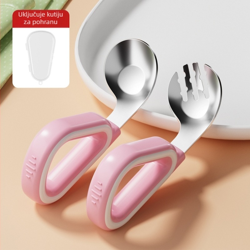 Dječji set vilica i žlica od silikona i nehrđajućeg čelika, jednostavan stil, svježe i slatko, za bebe starije od 3 mjeseca
