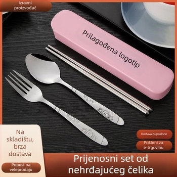 Set posuđa od nehrđajućeg čelika za studente s chopsticks, vilice i žlice u prijenosnoj kutiji