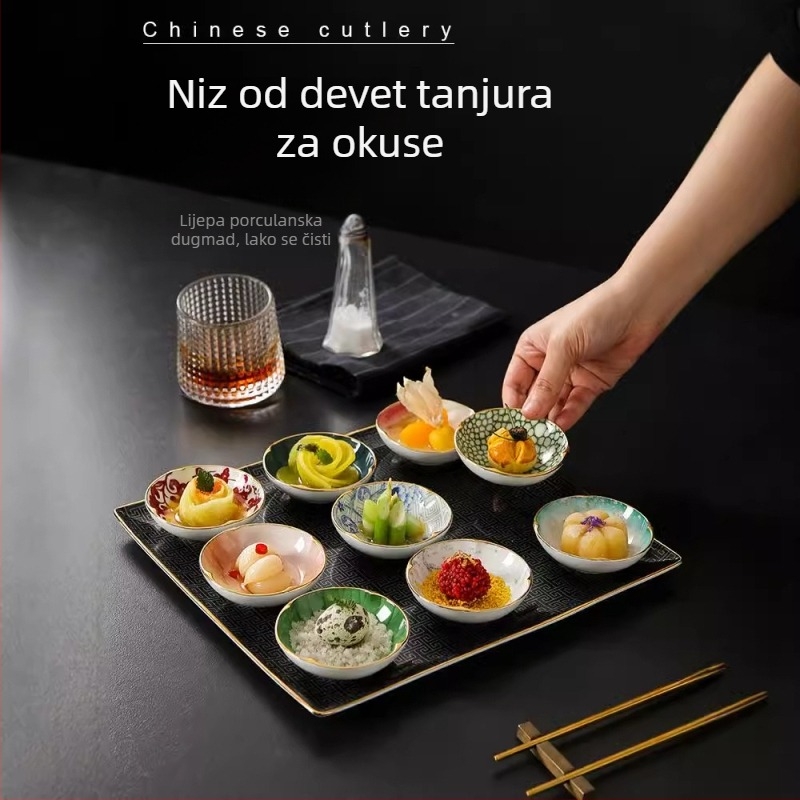 Porcelanski tanjur s devet sekcija za priloge i hladna jela, pladanj za umake u hotelima/restoranima, moderan minimalistički stil (Porcelan; Devet sekcija; Mikrovalna pećnica: nije dostupna; Ispisani logotip)
