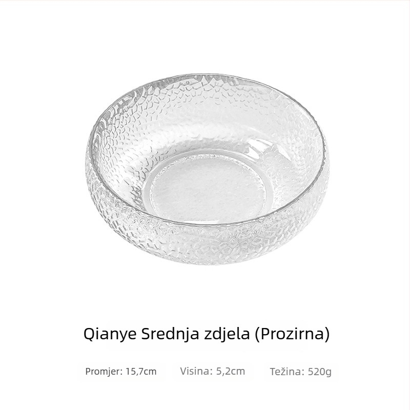 Staklena zdjela u japanskom stilu s teksturom čekića za deserte, salate i hladna jela; prozirno otporno staklo, otisak loga, mogućnost prilagodbe obrade