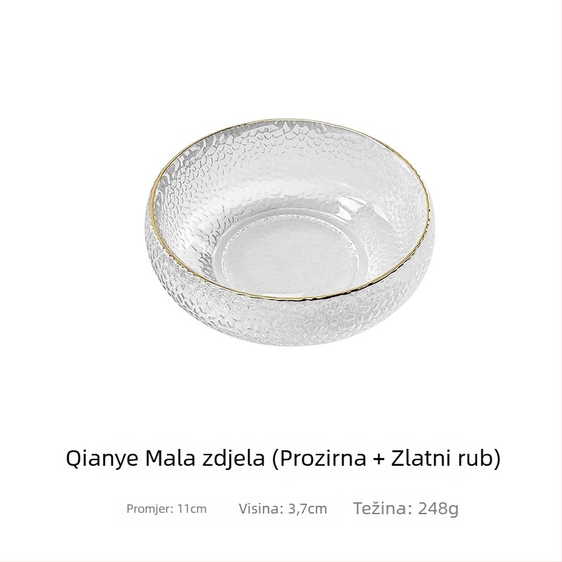 Staklena zdjela u japanskom stilu s teksturom čekića za deserte, salate i hladna jela; prozirno otporno staklo, otisak loga, mogućnost prilagodbe obrade
