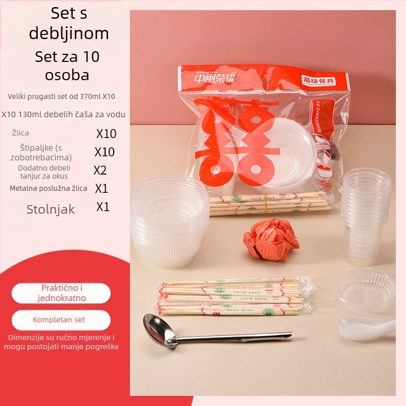 Jednokratni plastični set posuđa s okruglim zdjelama i štapićima za jelo, za 8-10 osoba, pakiranja 10/30/60