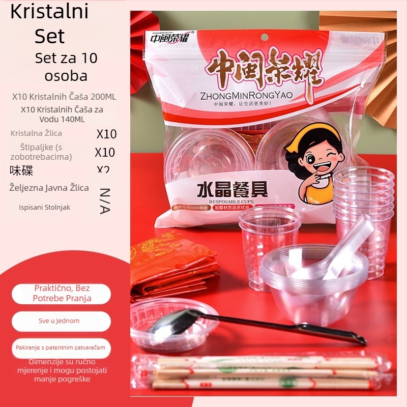 Jednokratni plastični set posuđa s okruglim zdjelama i štapićima za jelo, za 8-10 osoba, pakiranja 10/30/60