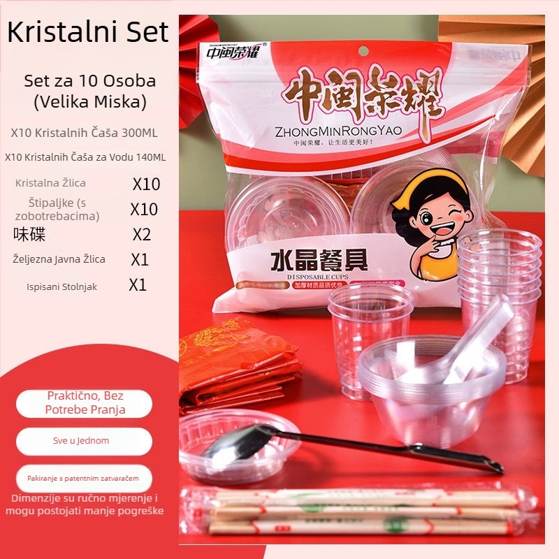 Jednokratni plastični set posuđa s okruglim zdjelama i štapićima za jelo, za 8-10 osoba, pakiranja 10/30/60