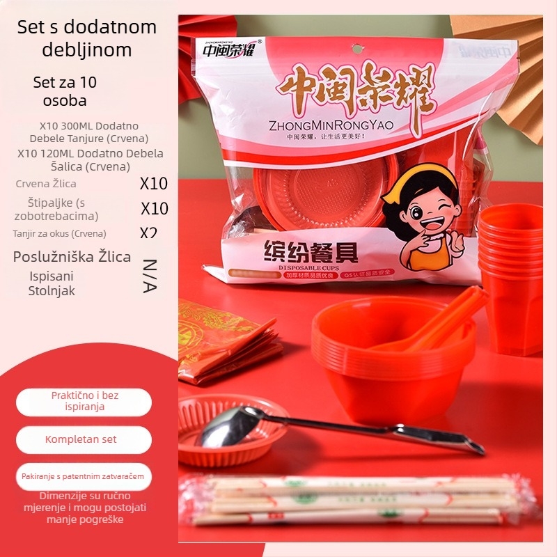 Jednokratni plastični set posuđa s okruglim zdjelama i štapićima za jelo, za 8-10 osoba, pakiranja 10/30/60