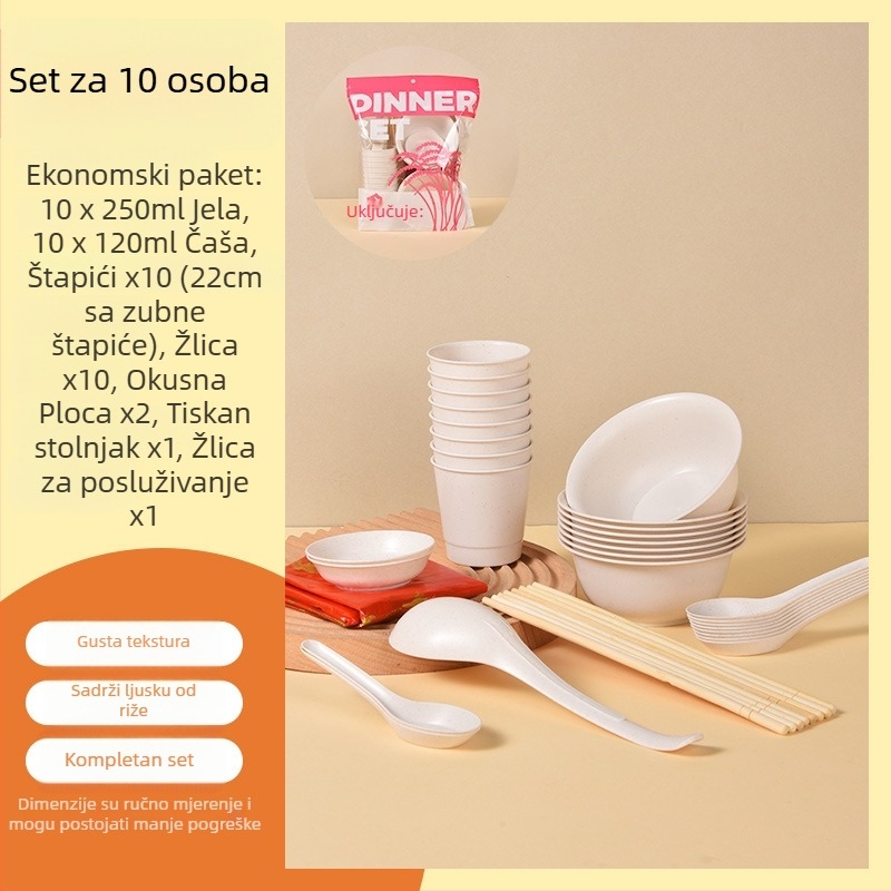 Jednokratni plastični set posuđa s okruglim zdjelama i štapićima za jelo, za 8-10 osoba, pakiranja 10/30/60